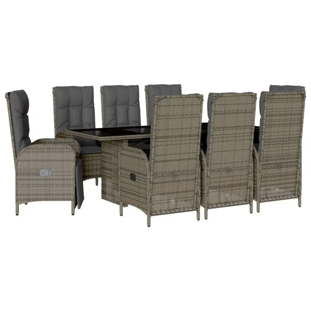 Outdoor Dining Furniture Set 9 Piece Grey Poly Rattan Table with Cushioned Chairs