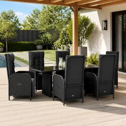 7 Piece Outdoor Garden Dining Set Black Poly Rattan Chairs Table Cushions