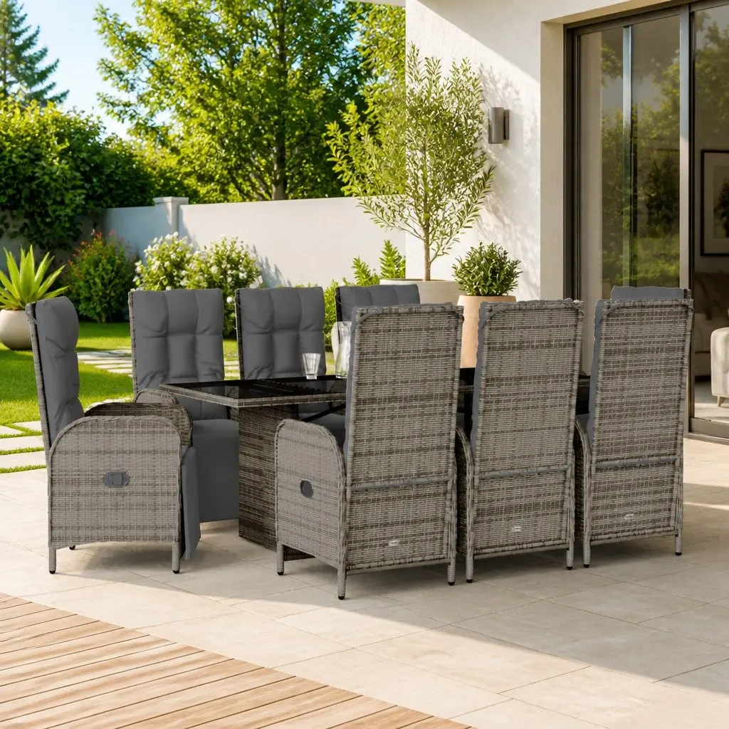 Garden Dining Set 9 Piece Outdoor Furniture with Cushions Grey Poly Rattan