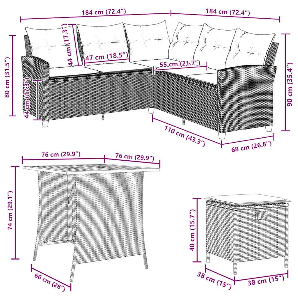 L-Shaped Garden Sofa Set Grey 6 Piece Poly Rattan Patio Furniture with Cushions