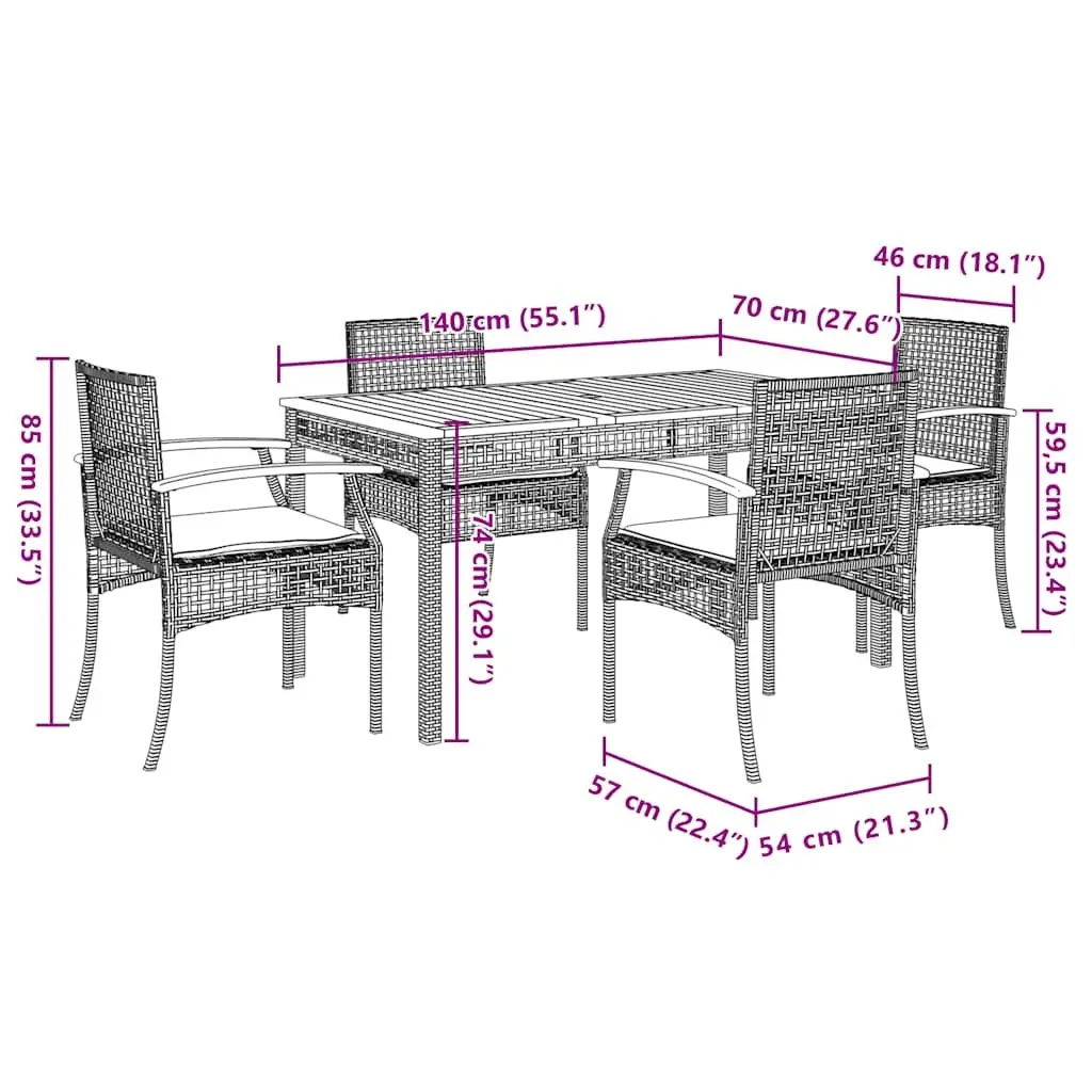 Outdoor Dining Set Black Poly Rattan Garden Furniture 5 Piece Patio Table with Cushions