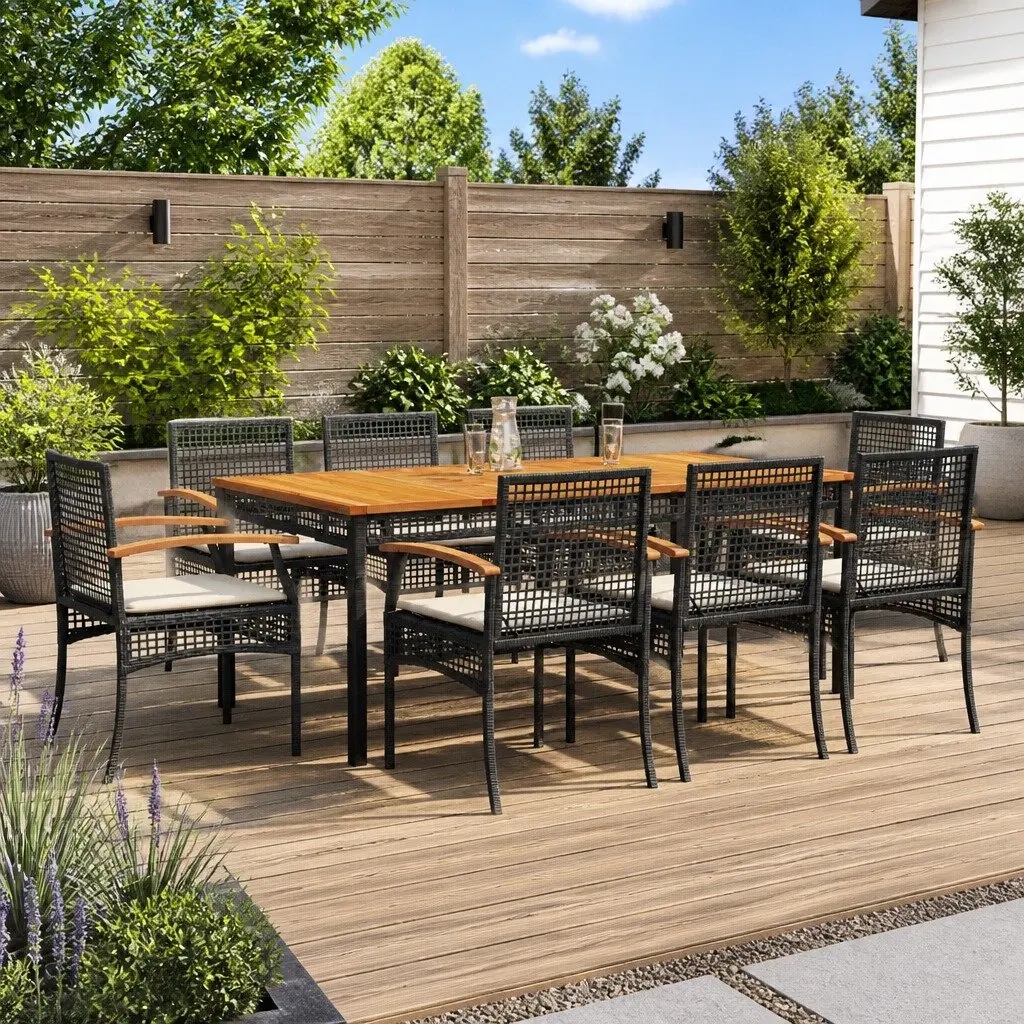 9 Piece Black Poly Rattan Garden Furniture Outdoor Dining Set with Cushions Table and Chairs