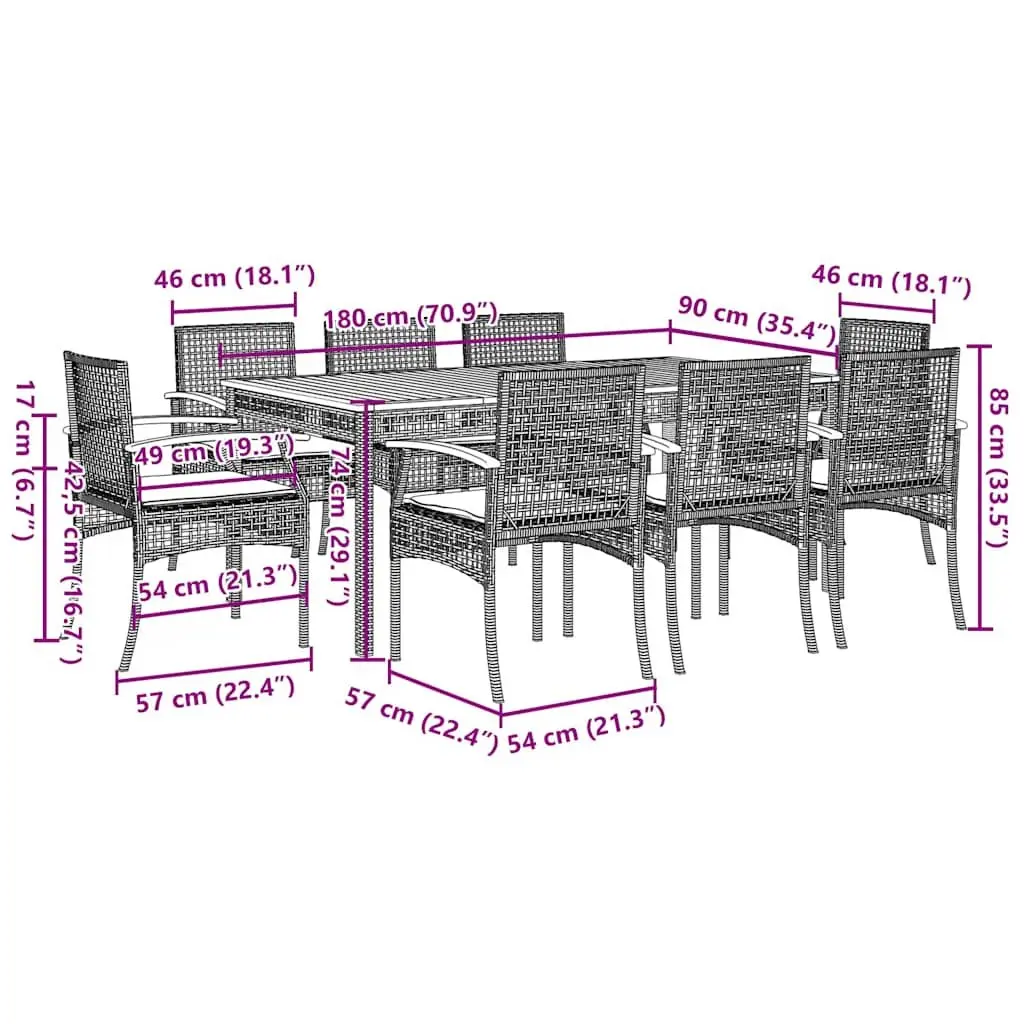 9 Piece Black Poly Rattan Garden Furniture Outdoor Dining Set with Cushions Table and Chairs
