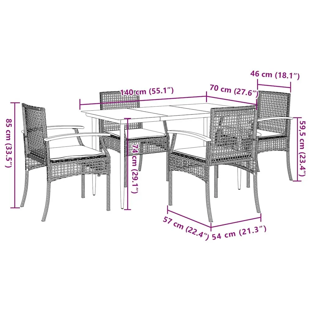 Outdoor Garden Dining Set 5 Piece Black Poly Rattan Patio Furniture with