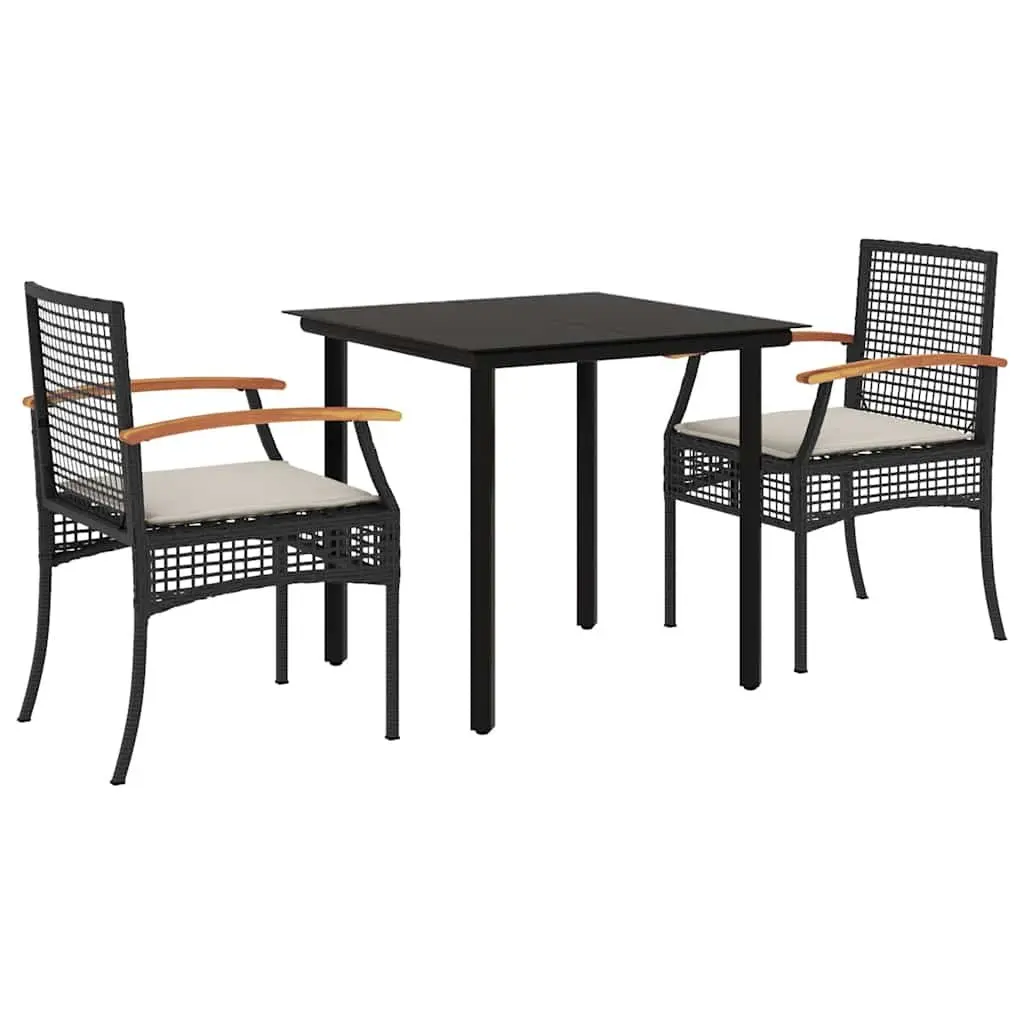 3 Piece Black Poly Rattan Outdoor Dining Set with Cushions Durable Table and Chairs for Garden Patio Use