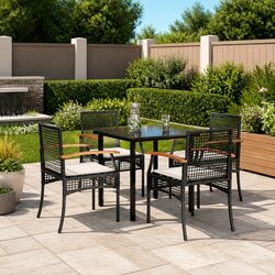 5 Piece Outdoor Garden Dining Set Black Poly Rattan Table Chairs Cushions Patio