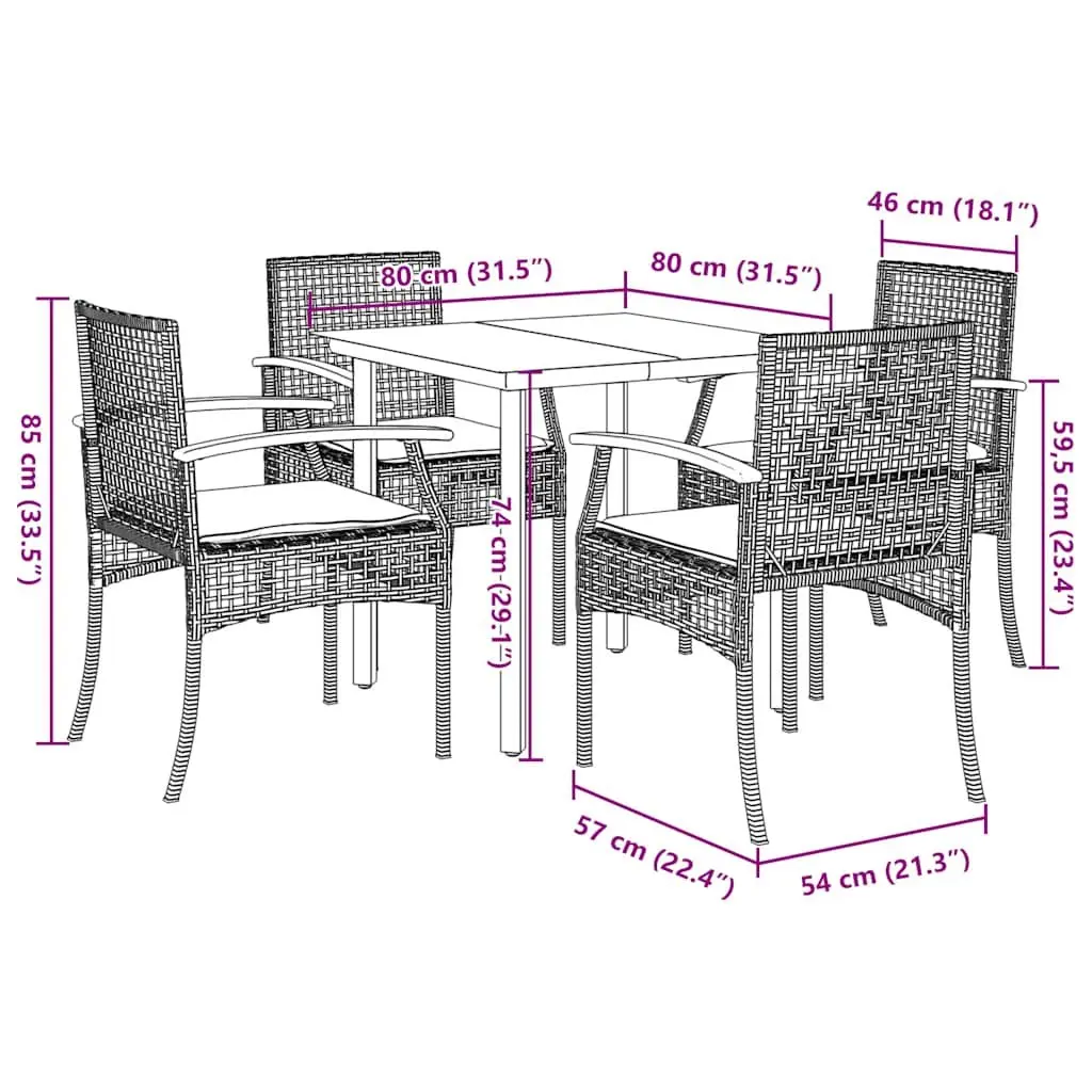 Outdoor Dining Set 5 Piece Black Rattan Table with Cushions for Garden Patio