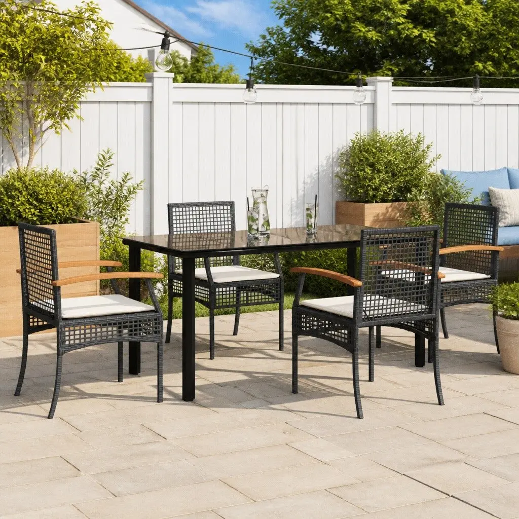 5 Piece Garden Dining Set Black Poly Rattan Outdoor Furniture Patio Table Chairs