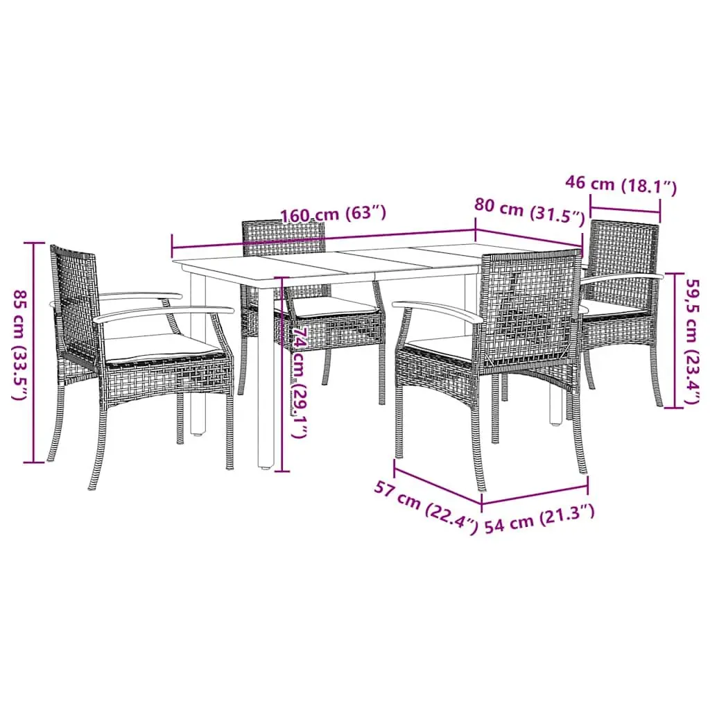 5 Piece Garden Dining Set Black Poly Rattan Outdoor Furniture Patio Table Chairs