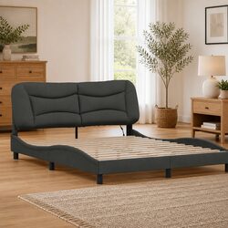 Queen Bed Frame with LED Lights Dark Grey Fabric Headboard 152x203cm Bedroom