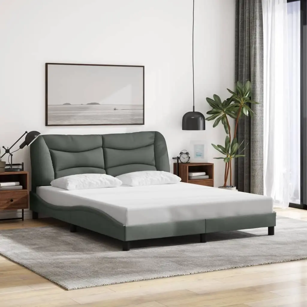 Queen Bed Frame with LED Lights Dark Grey Fabric Upholstery 152x203cm