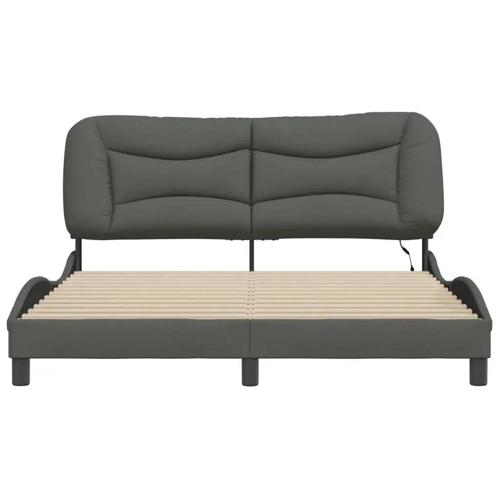 Queen Bed Frame with LED Lights Dark Grey Fabric Upholstery 152x203cm
