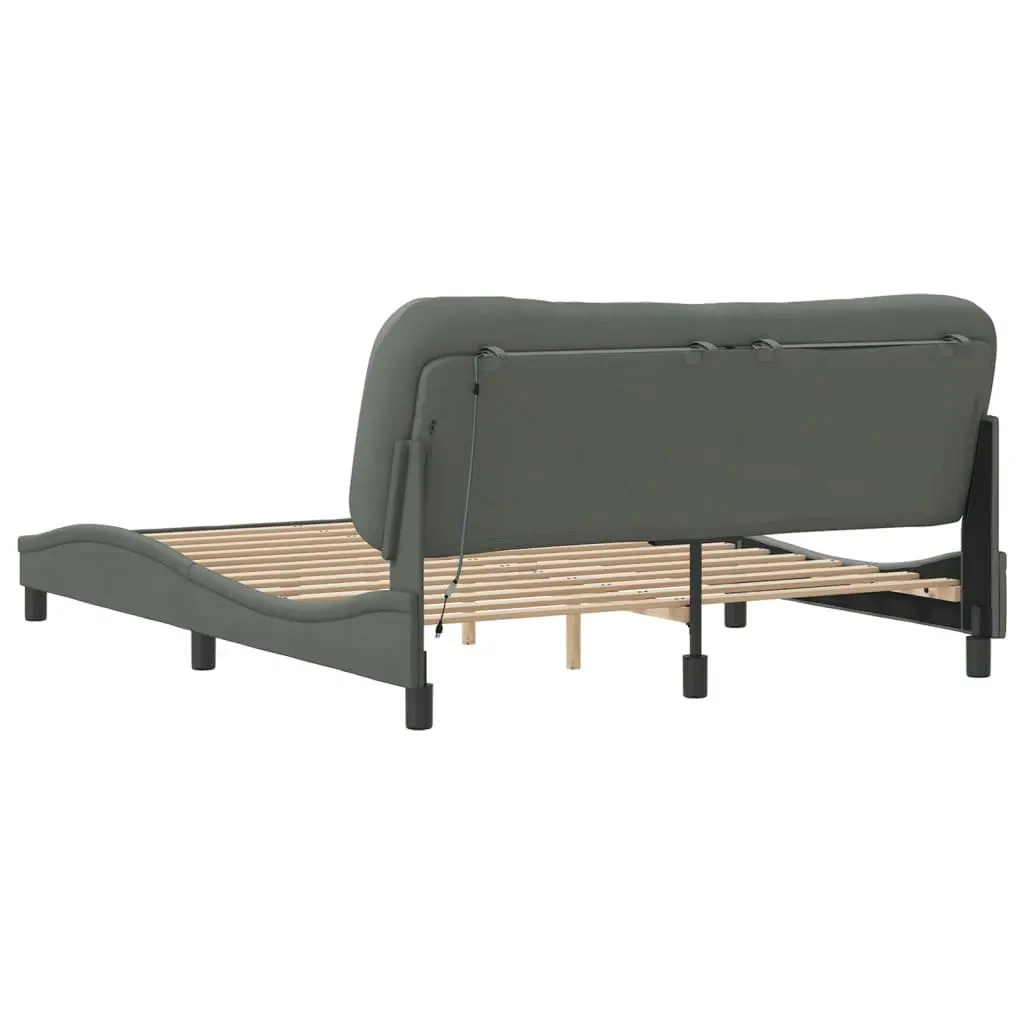 Queen Bed Frame with LED Lights Dark Grey Fabric Upholstery 152x203cm