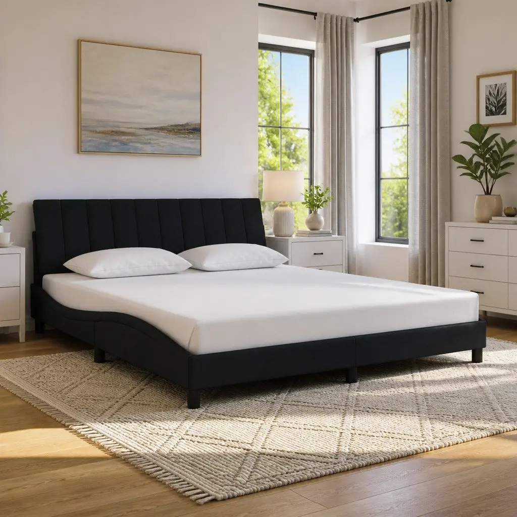 King Bed Frame with LED Lights Black Velvet Headboard 180x200 cm
