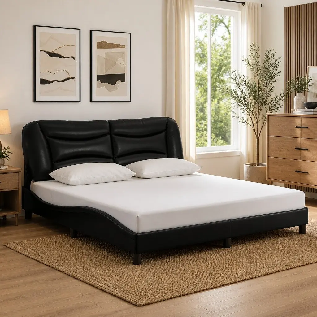 Black Bed Frame with LED Lights and Faux Leather