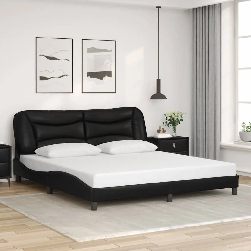 Black Bed Frame with LED Lights and Faux Leather