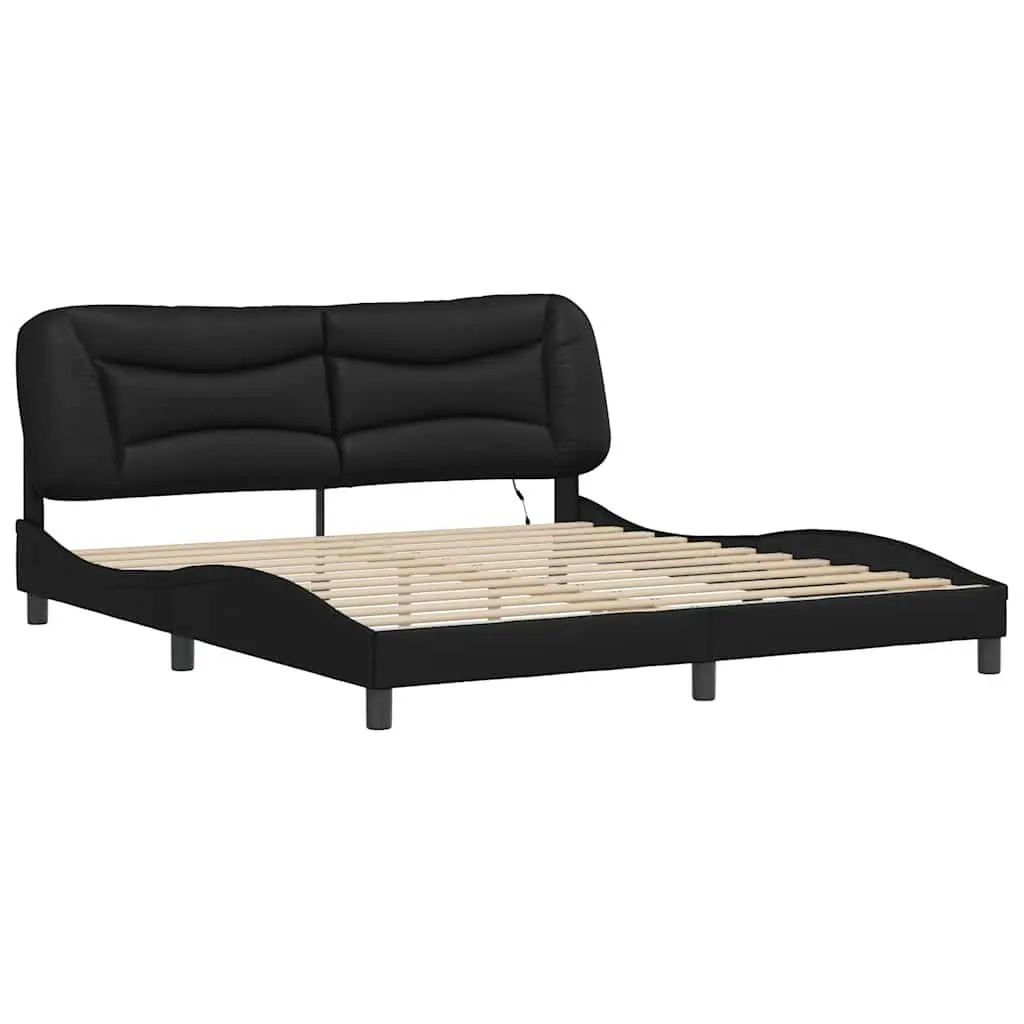 Black Bed Frame with LED Lights and Faux Leather