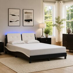Bed Frame with LED Lights Black White Faux Leather Headboard Pillow 137x190cm