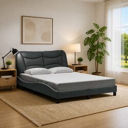 Double Bed Frame LED Lights Grey Fabric Headboard Pillow 137x190cm Bedroom
