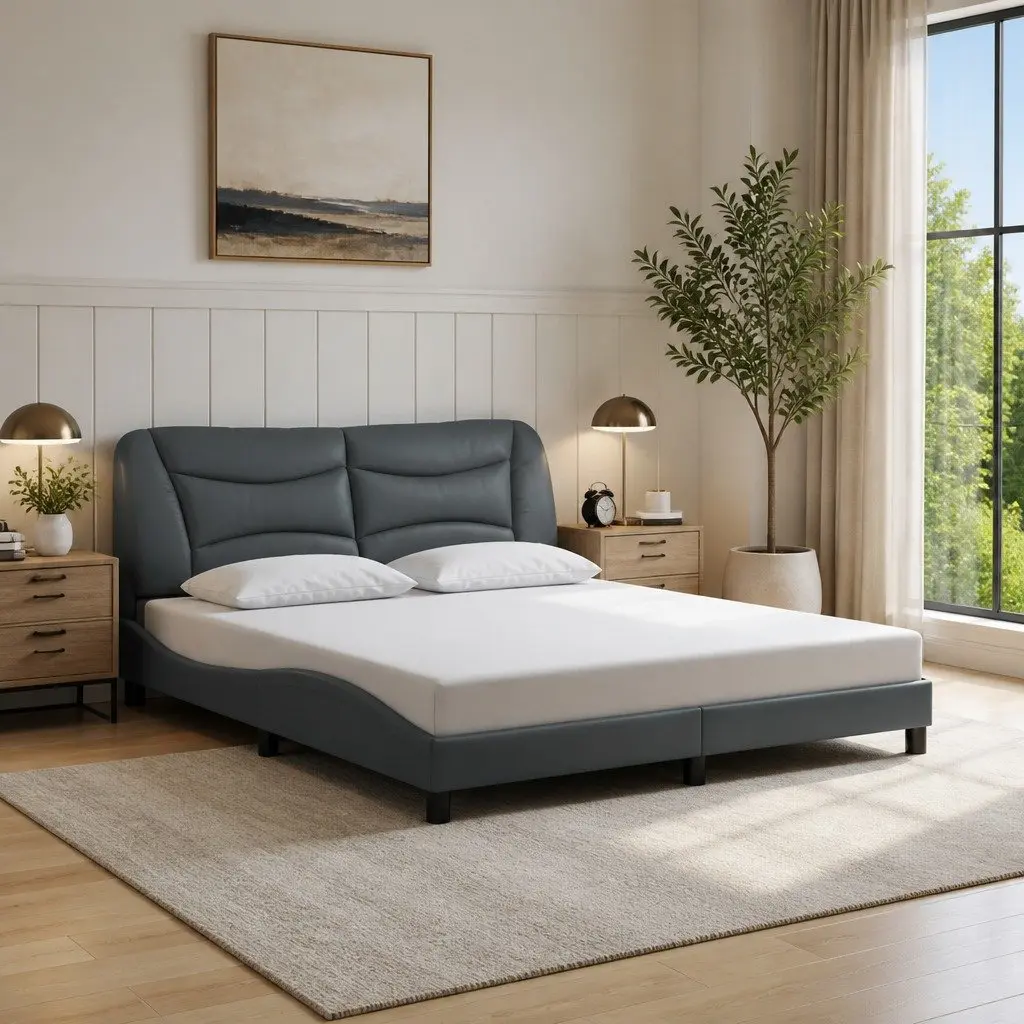 Grey Fabric Queen Bed Frame Upholstered with LED Lights 152x203 cm
