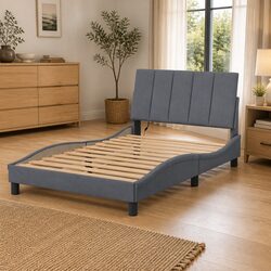 Bed Frame with LED Lights Grey Velvet Headboard 90x190 cm Slatted Base Bedroom