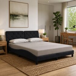 Queen Bed Frame with LED Lights Black Velvet Upholstered Headboard Pillow