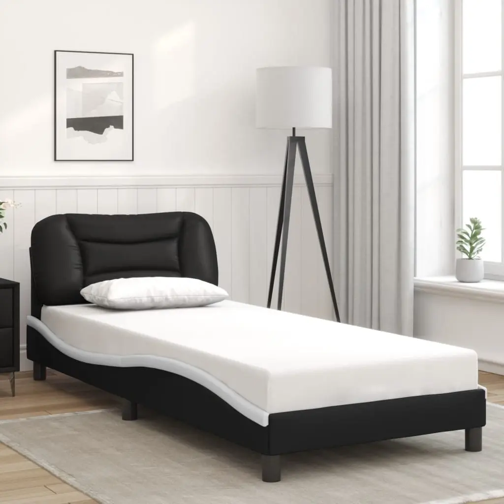 Bed Frame with LED Lights Faux Leather Black White 90 x 190 cm