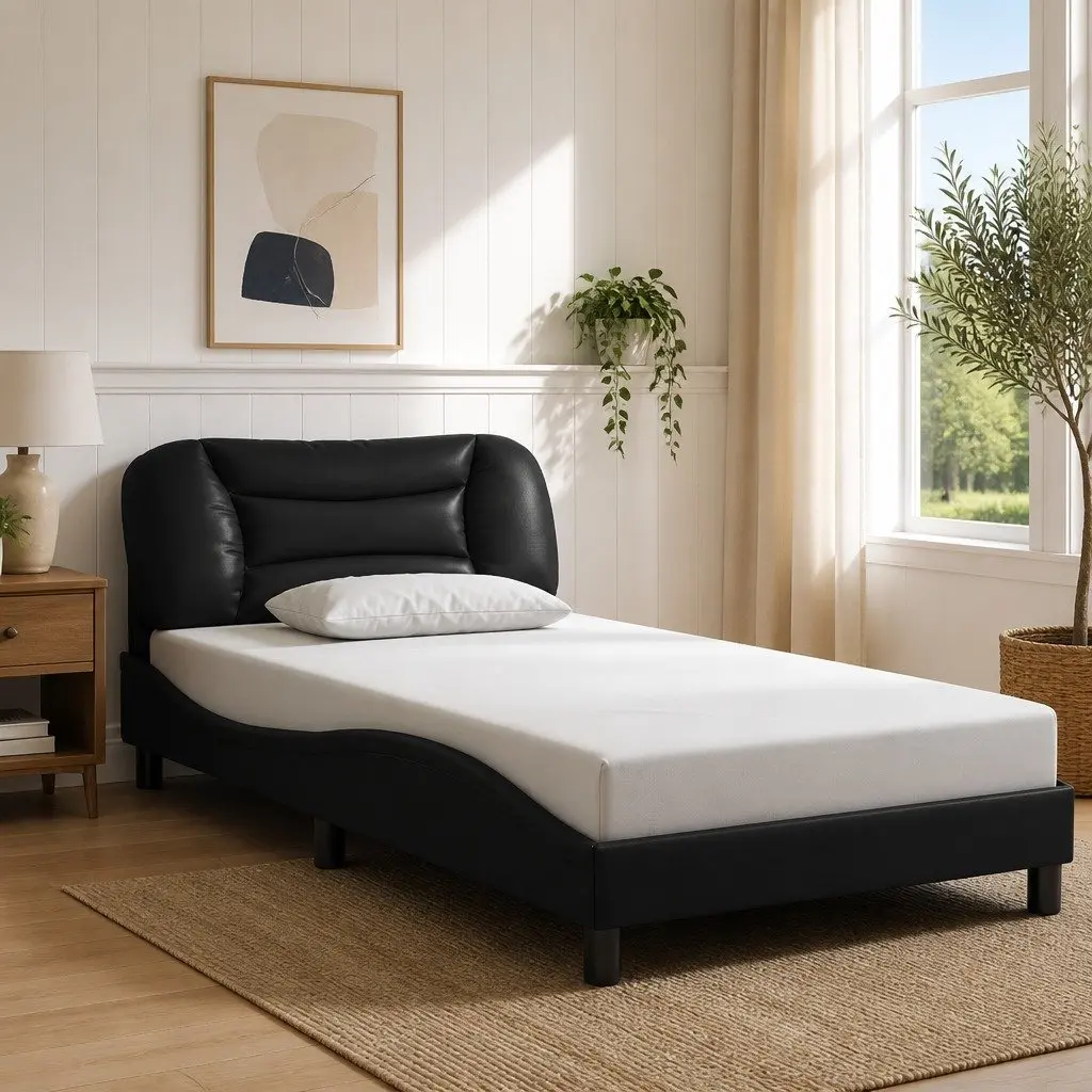 Black Bed Frame with LED Lights Headboard Hvar 107x203 cm Faux Leather Queen