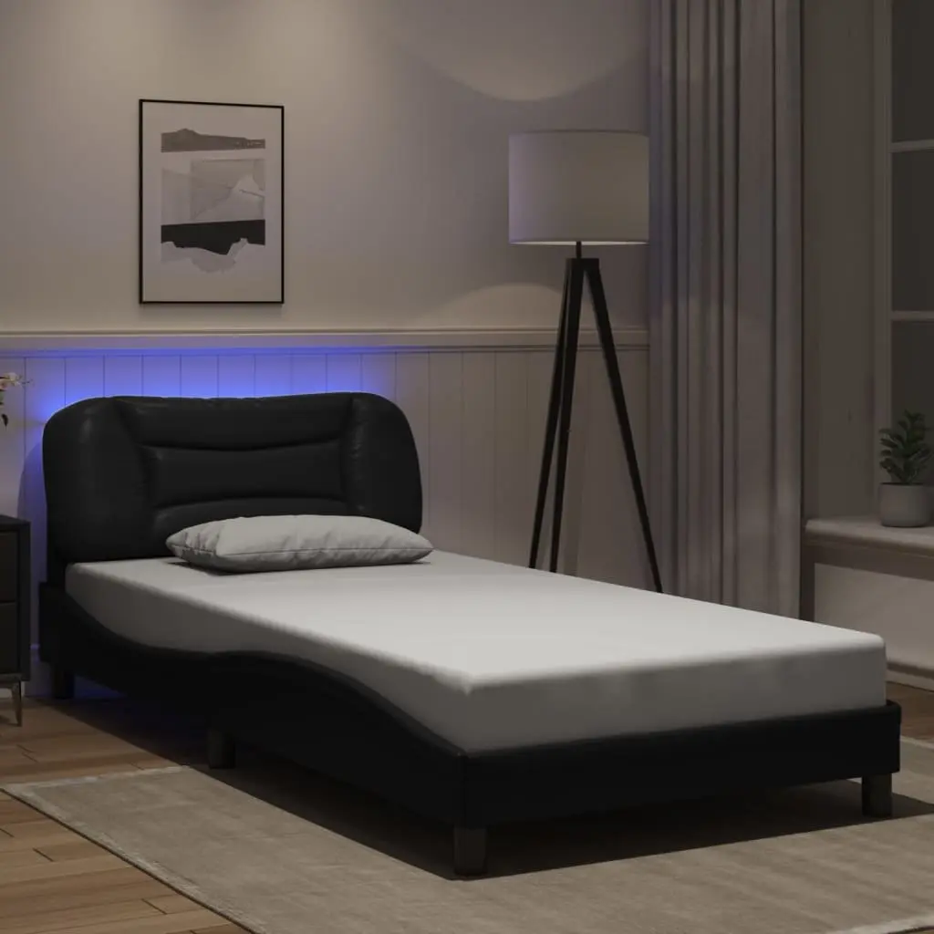 Black Bed Frame with LED Lights Headboard Hvar 107x203 cm Faux Leather Queen