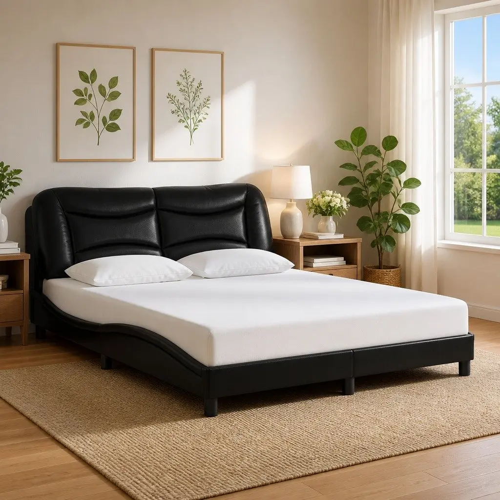 Bed Frame LED Lights Black Faux Leather Headboard Plywood Slats 152x203 cm