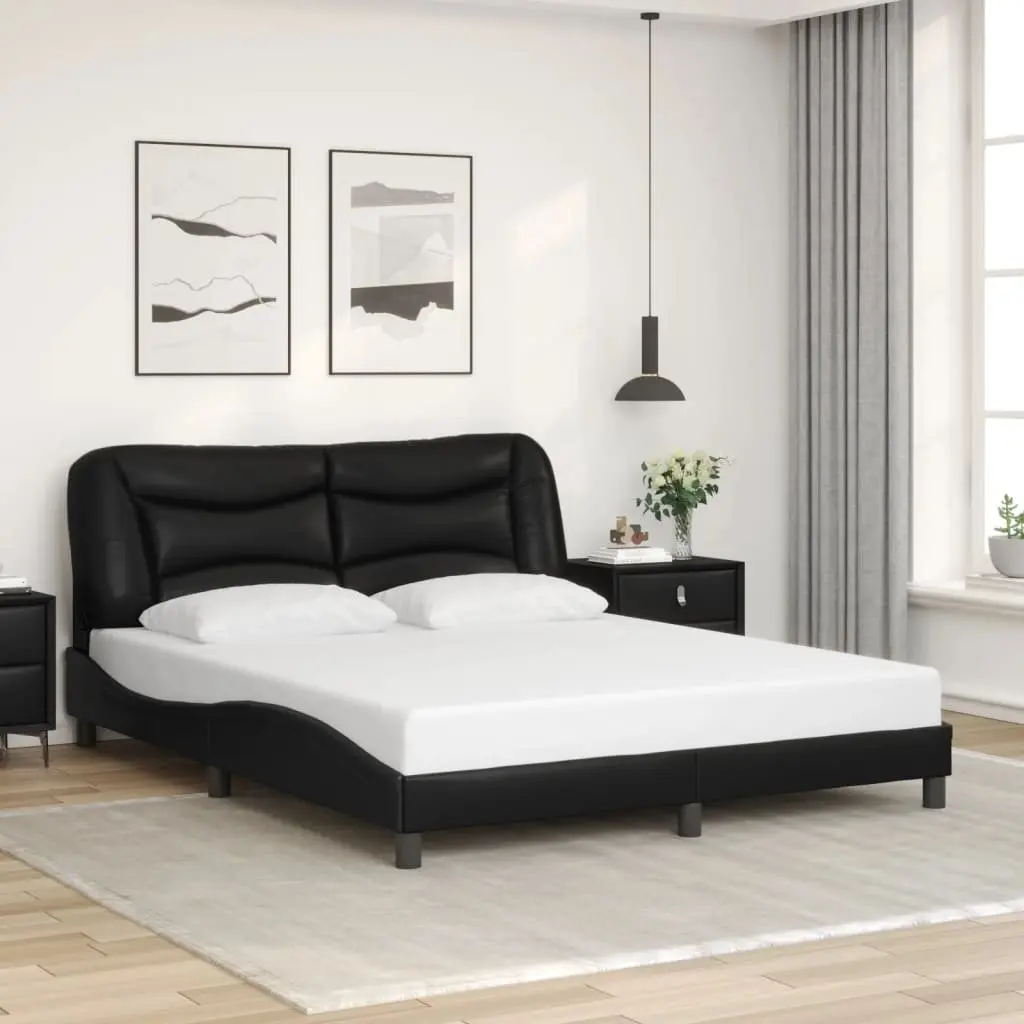 Bed Frame LED Lights Black Faux Leather Headboard Plywood Slats 152x203 cm