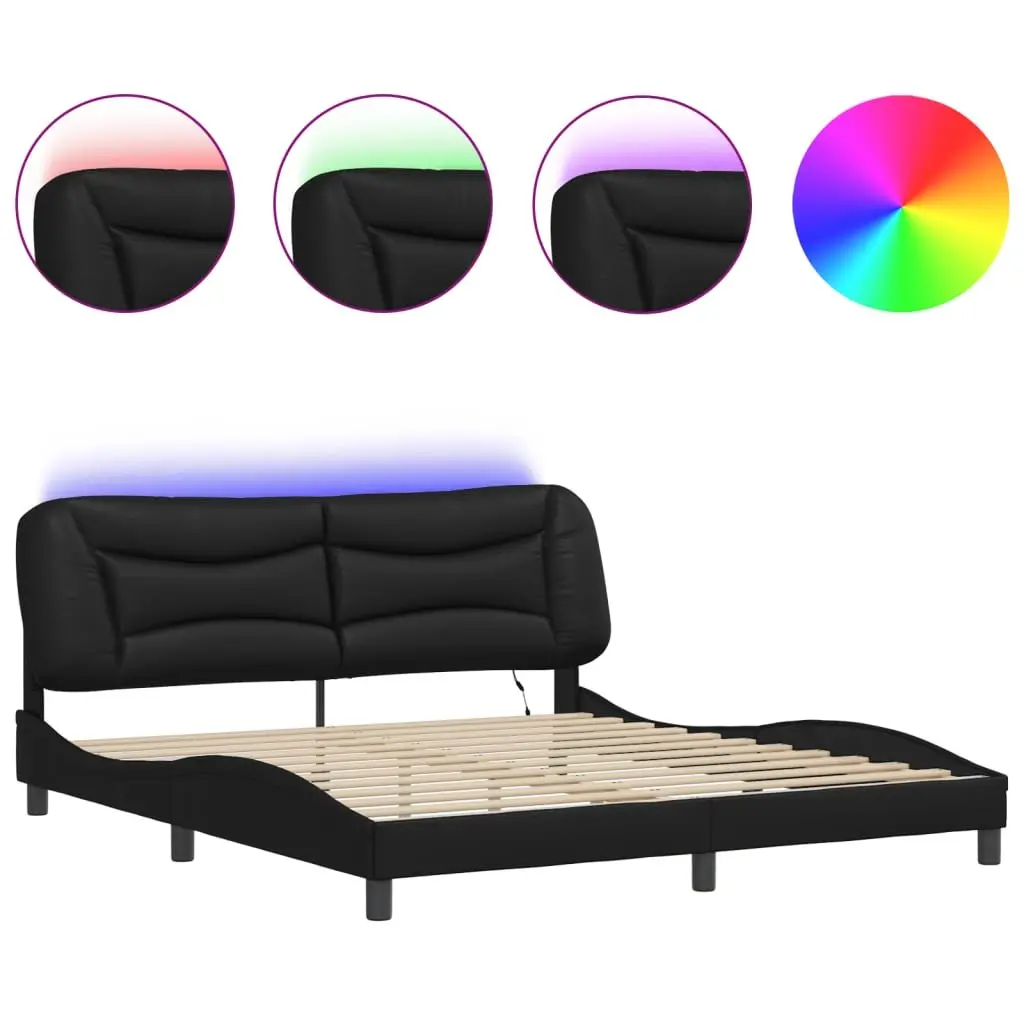 Bed Frame with LED Lights Faux Leather Headboard Pillow 180x200 cm