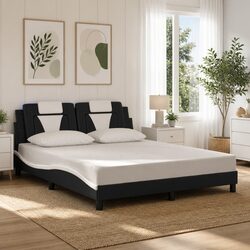 Bed Frame with LED Lights Black White Faux Leather Headboard 152x203 cm