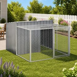 Dog House with Run Anthracite Galvanised Steel Outdoor Kennel Shelter Cage Pet