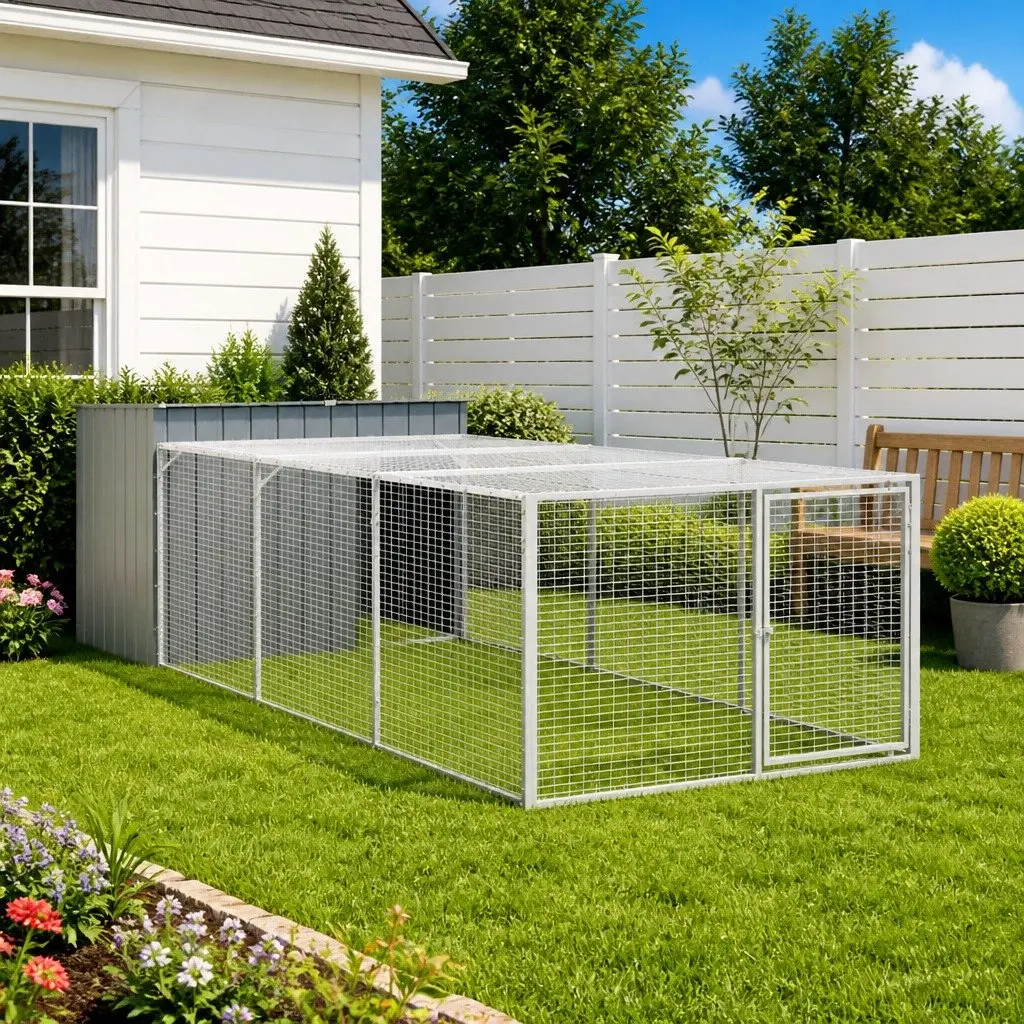 Dog House with Run Galvanised Steel Anthracite 153 x 396 x 110 cm