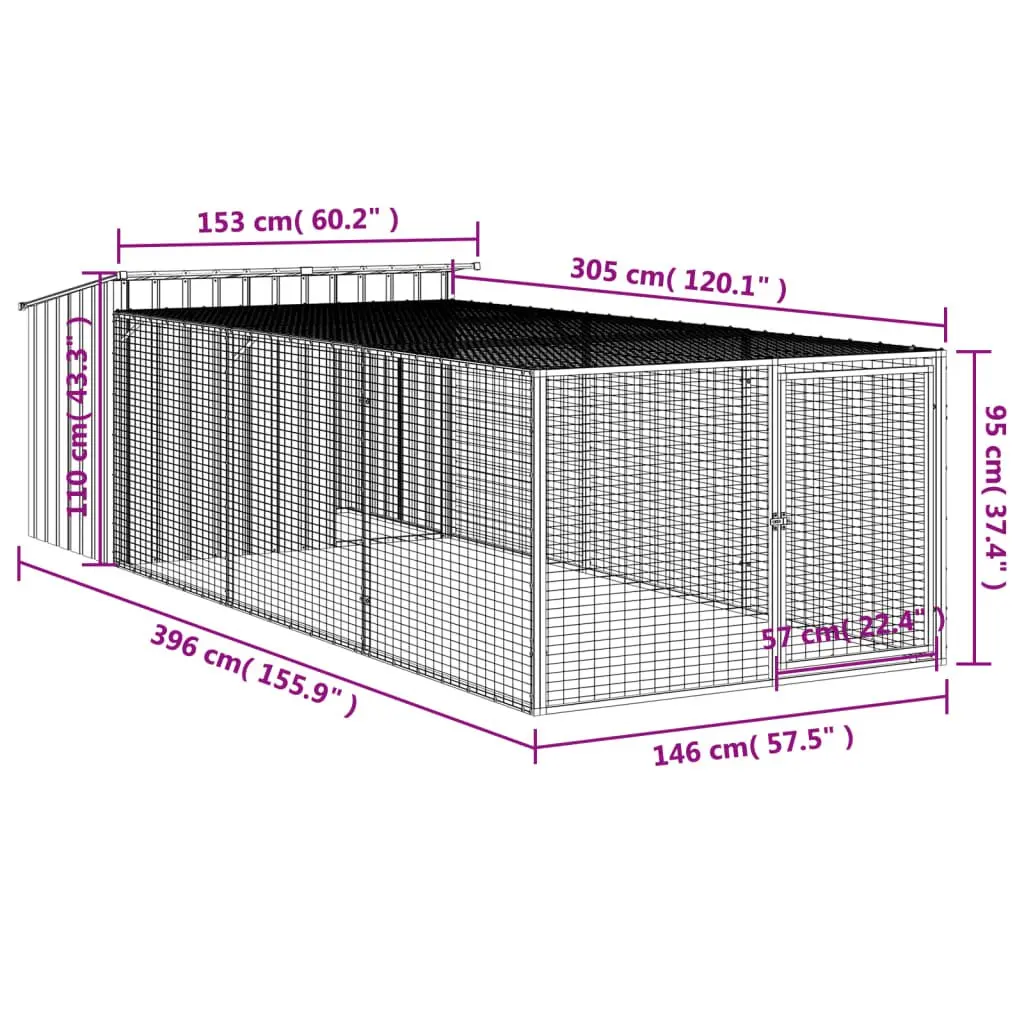 Dog House with Run Galvanised Steel Anthracite 153 x 396 x 110 cm