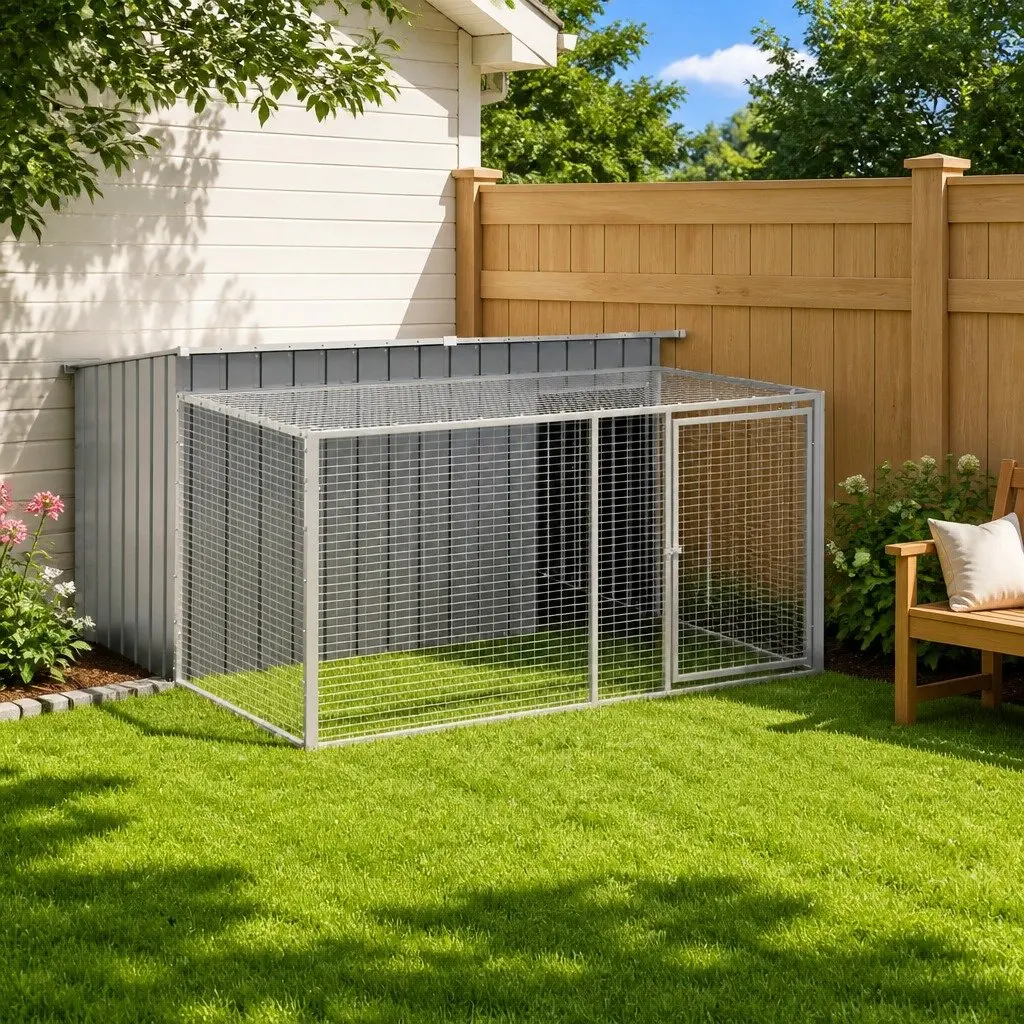 Dog Kennel Anthracite Galvanised Steel Outdoor House with Run 197 x 194 x 110 cm