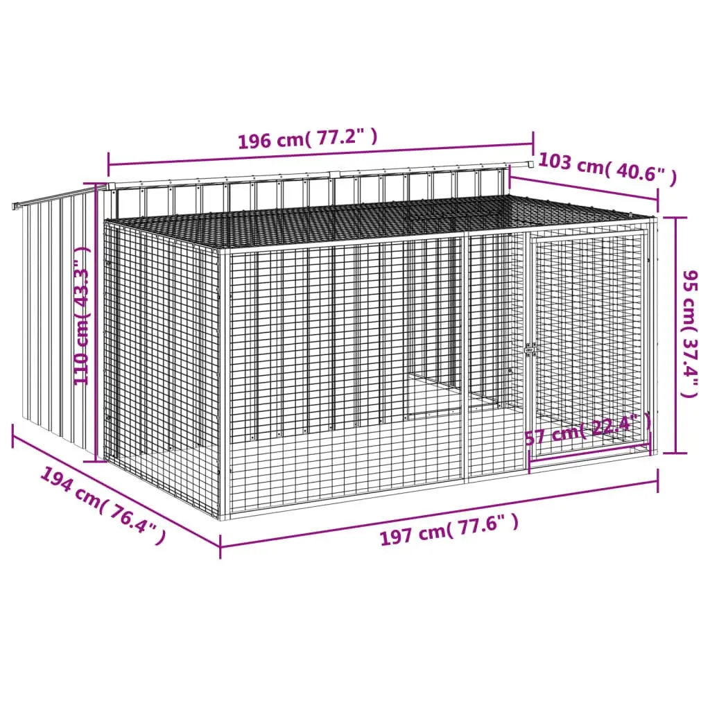 Dog Kennel Anthracite Galvanised Steel Outdoor House with Run 197 x 194 x 110 cm