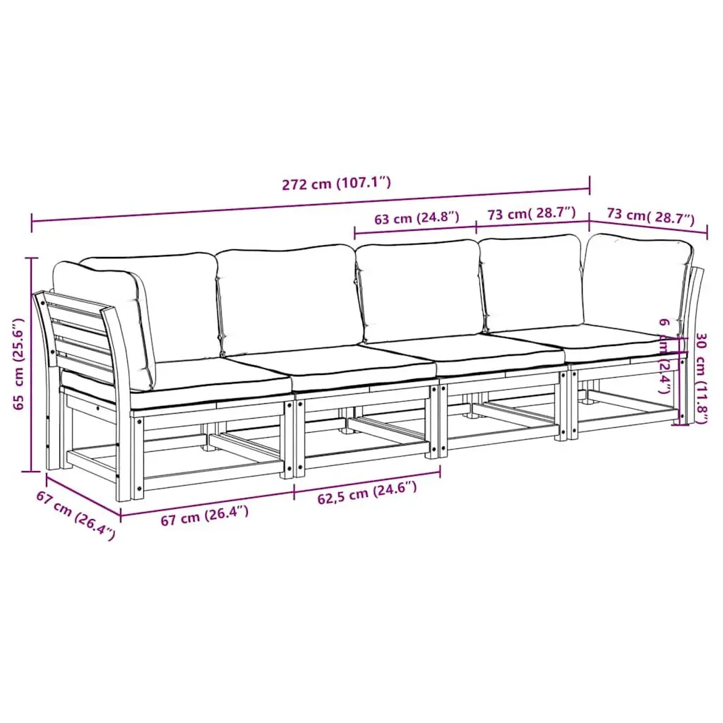 Garden Lounge Set 4 Piece Outdoor Sectional Sofa Acacia Wood Cushions Brown