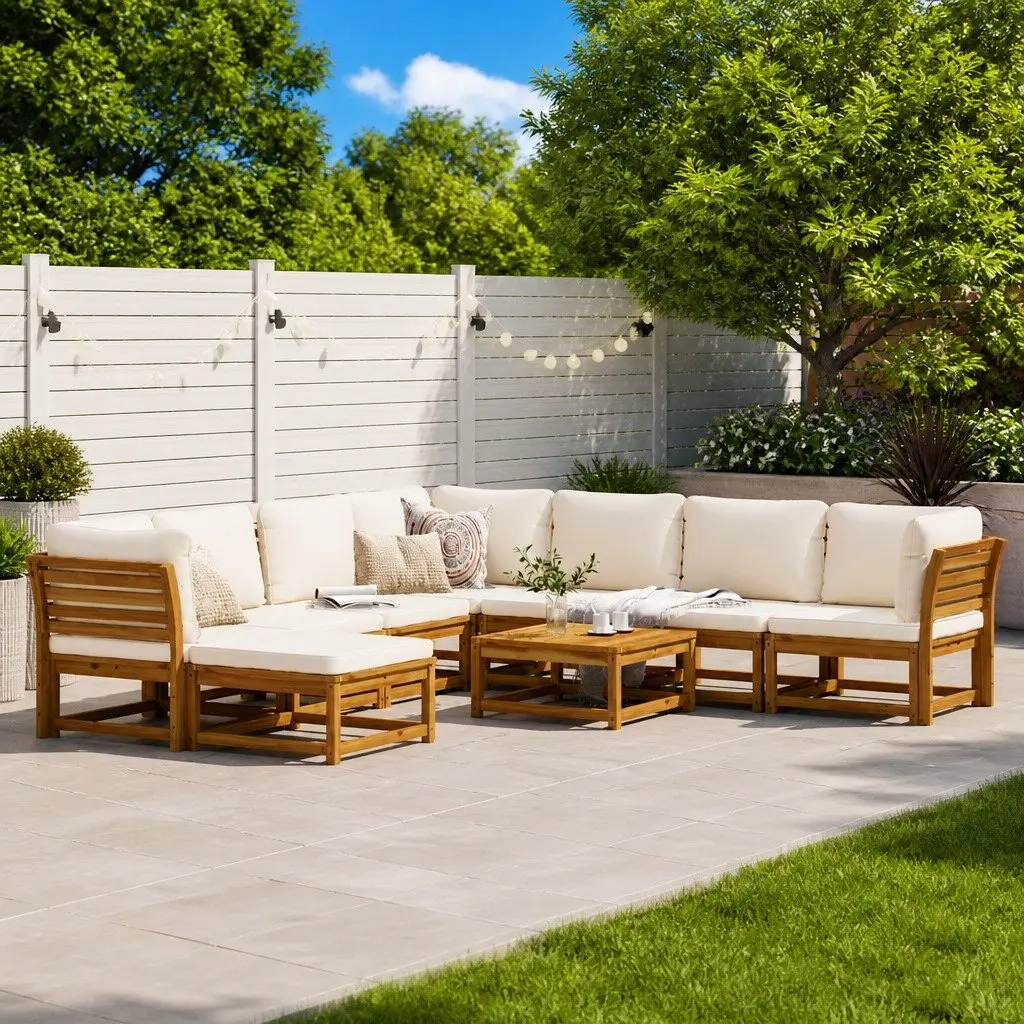 Garden Lounge Set 9 Piece Outdoor Sectional Sofa Modular Brown Cushions