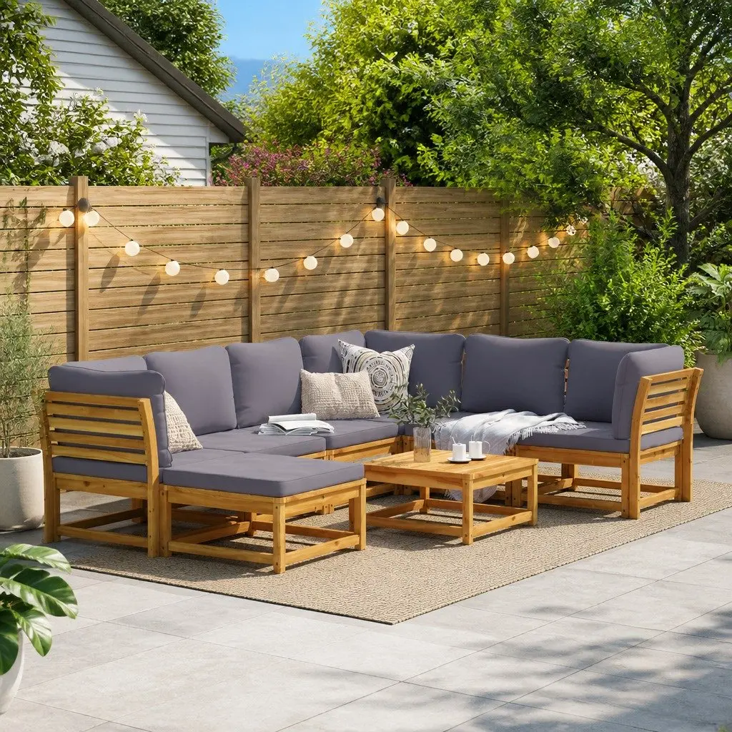 Outdoor Sectional Sofa Set Modular Wooden 8 Piece Garden Lounge with Cushions