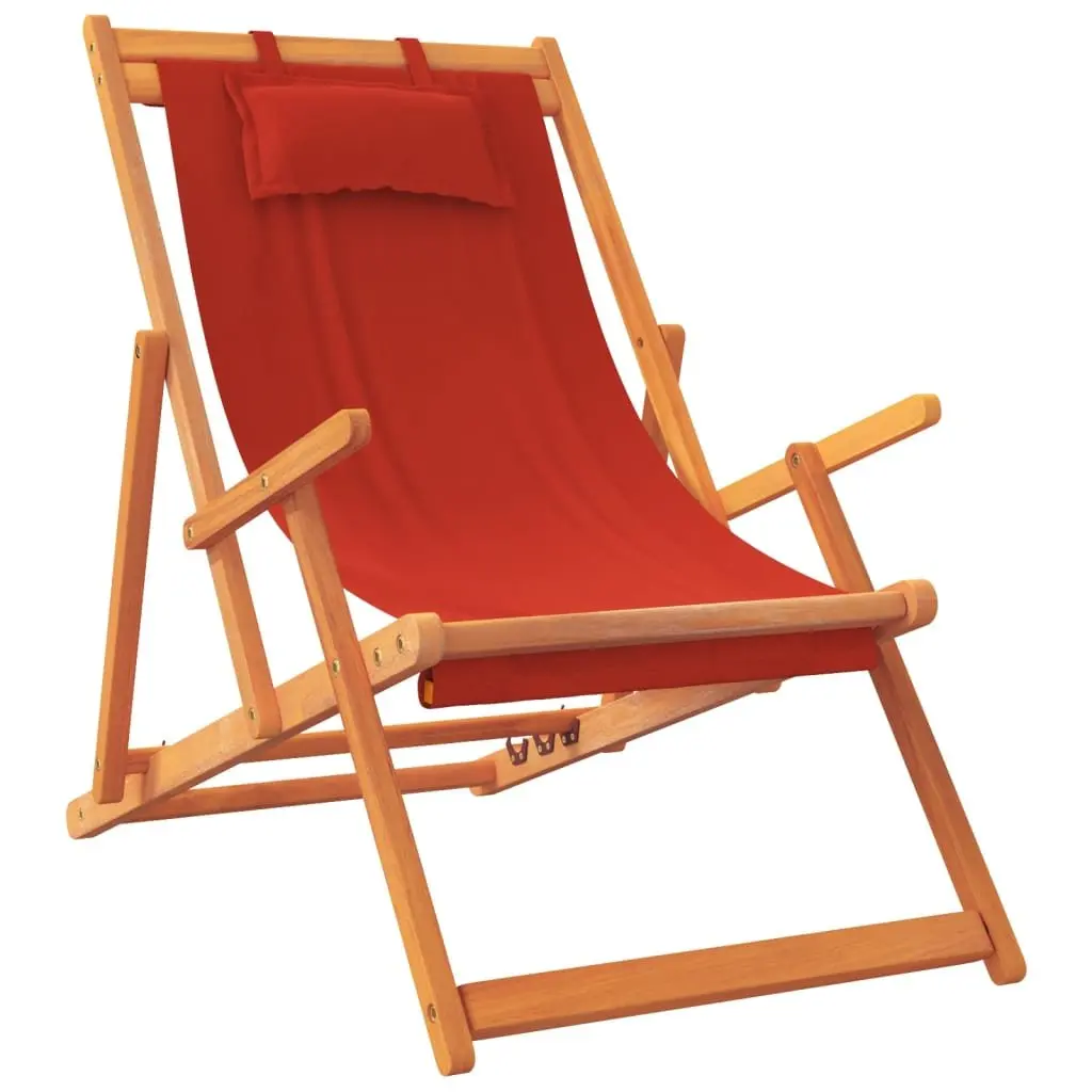 Folding Beach Chair Red Fabric Outdoor Reclining Lounge Camping Garden Seating