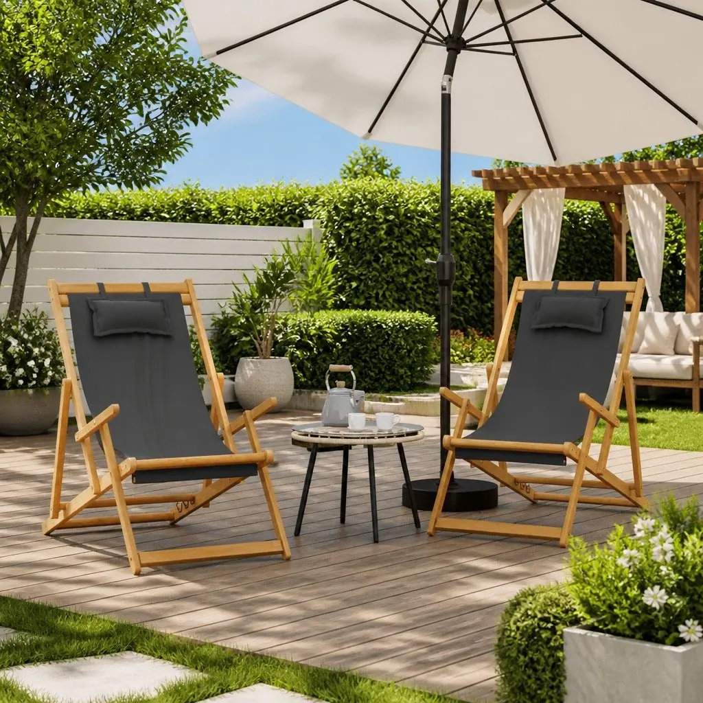 Folding Beach Chairs Adjustable Reclining 2 pcs Grey Outdoor Lounge Camping Garden