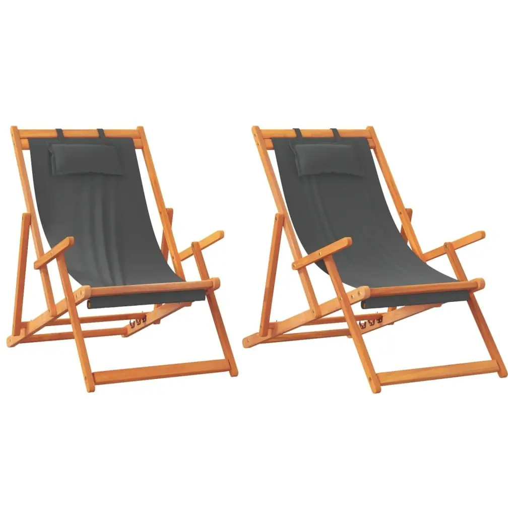 Folding Beach Chairs Adjustable Reclining 2 pcs Grey Outdoor Lounge Camping Garden