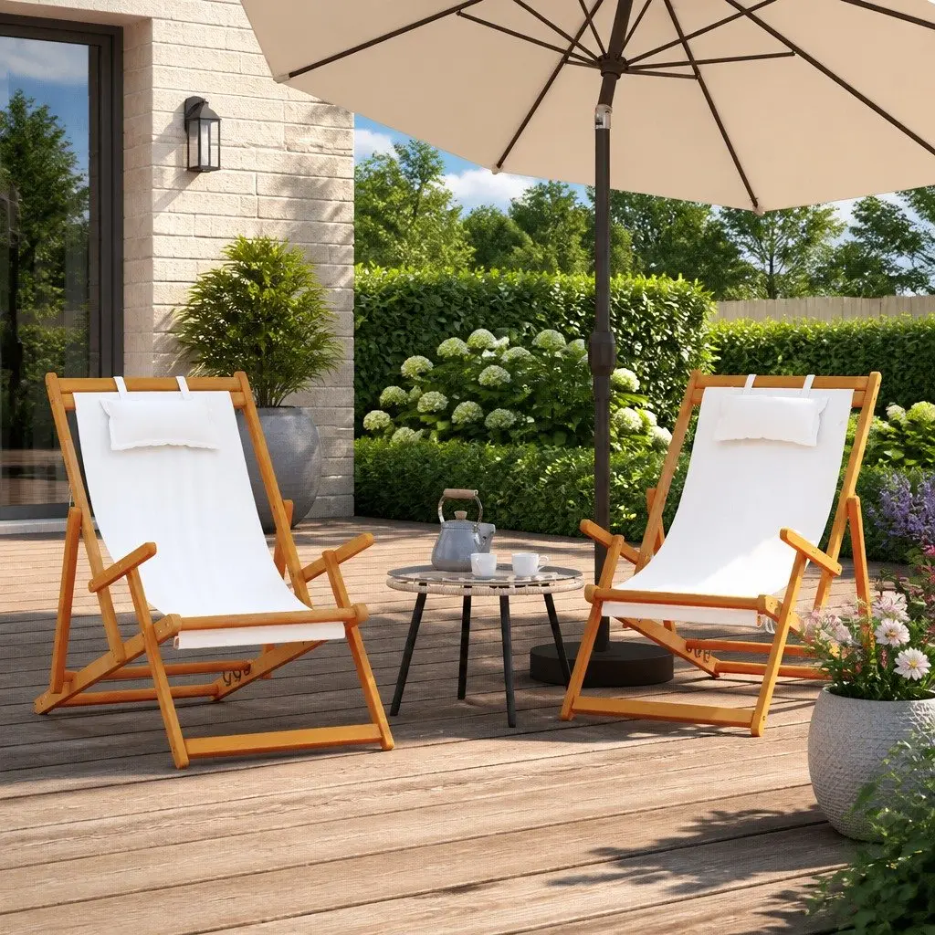 Folding Beach Chairs Cream Outdoor Lounge Reclining 2 Piece