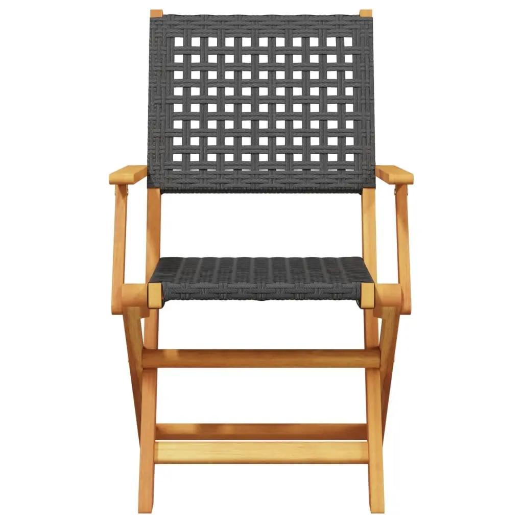 Folding Garden Chairs Set of 4 Black Poly Rattan Solid Acacia Wood Outdoor Seating