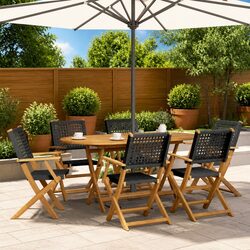 6-Piece Folding Garden Chair Set – Black Rattan & Wood