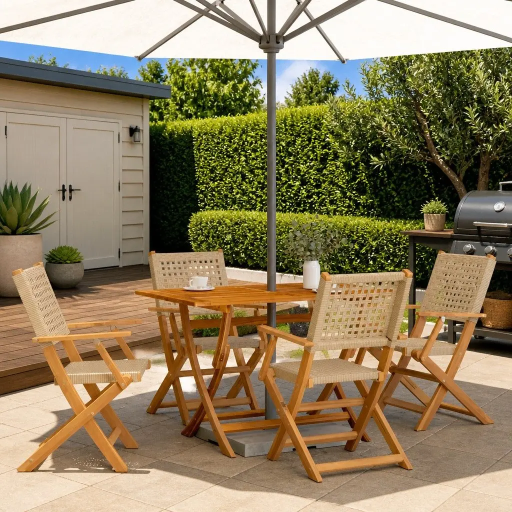 Folding Garden Chairs Beige Poly Rattan Solid Wood Outdoor Seating 4 Piece