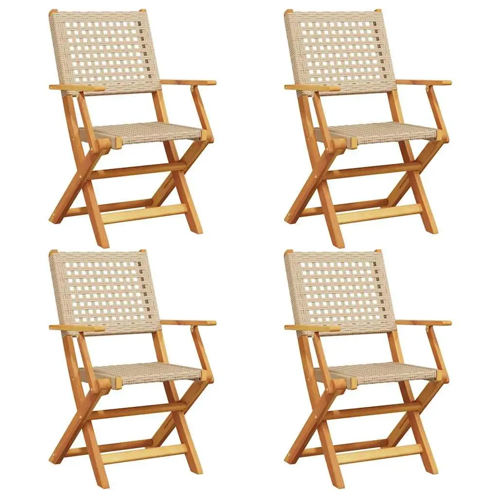 Folding Garden Chairs Beige Poly Rattan Solid Wood Outdoor Seating 4 Piece