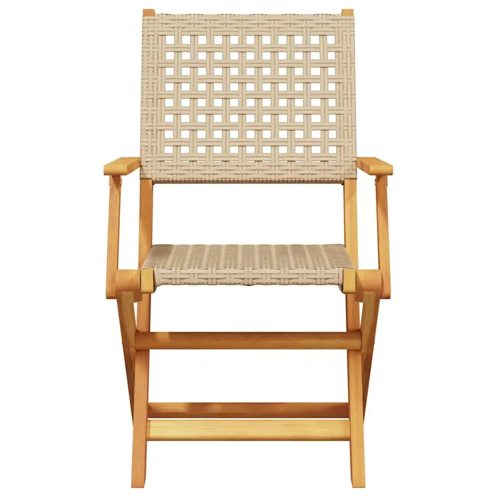 Folding Garden Chairs Beige Poly Rattan Solid Wood Outdoor Seating 4 Piece